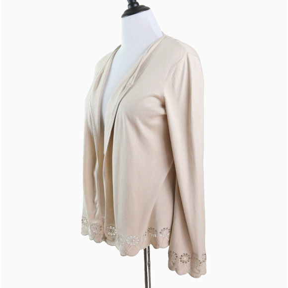 Ann Taylor Size 8 Open Eyelet Trim Cardigan Sweater Open Front Beige - Picture 2 of 10